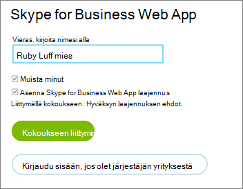 Kirjautuminen Skype for Business Web App -sovellukseen vieraana tai organisaatiosi tunnistetietoja käyttäen