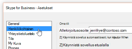 Skype for Business -sovelluksen Asetukset-ikkuna, jossa Henkilökohtainen-välilehti on valittuna.