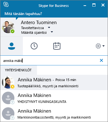 Näyttökuva Skype for Business -ikkunasta haettaessa lisättävää yhteyshenkilöä.