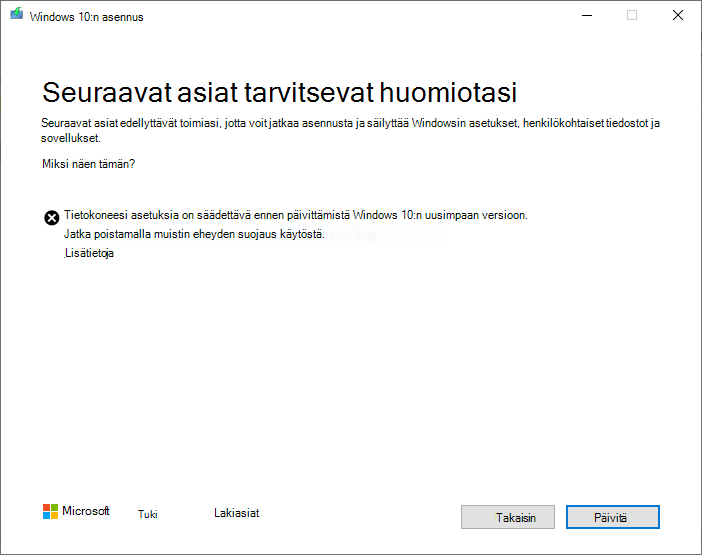 HVCI suojauksen pidon näyttökuva