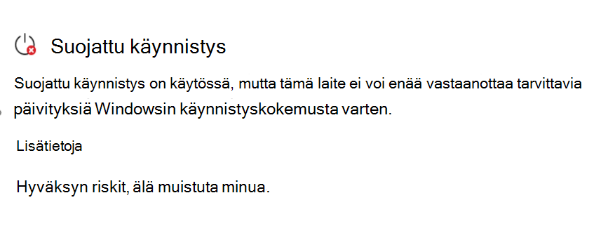Suojattu käynnistys -osio, jossa näkyy Edellyttää toimia -tila punaisella pysäytyskuvakkeella.