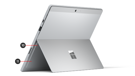 Surface Pro 7+ -laitteen takaosa, jossa on laitteiston ominaisuuksia ilmaisevat numerot.