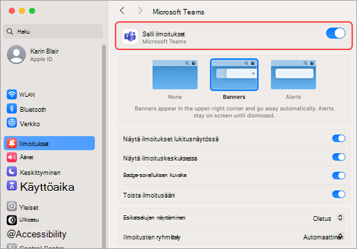 Macin järjestelmäasetukset sallivat Microsoft Teamsin ilmoitukset