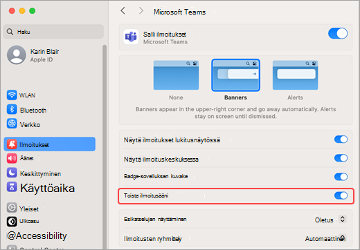 Mac-asetus toista Teamsin äänet