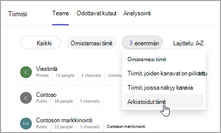 Näyttökuva Omat tiimit -sivusta, jossa on mahdollisuus tarkastella arkistoitujen tiimien tietoja. Valitse Omistamasi Teams-kohdan vieressä oleva avattava valikko, jos haluat valita Arkistoidut tiimit.