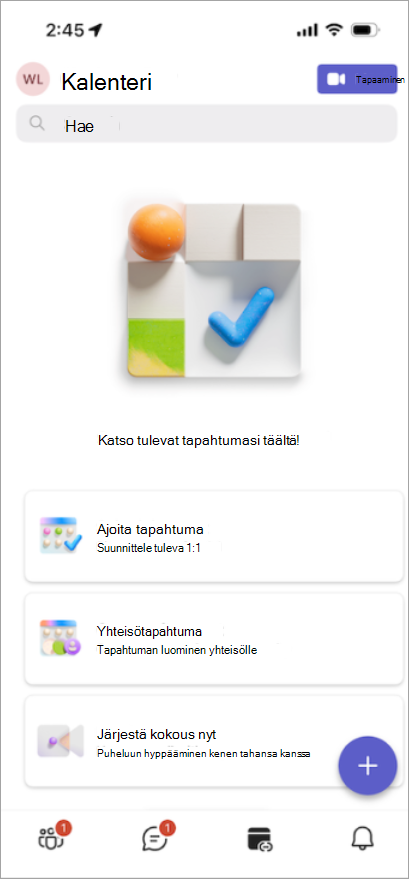 Järjestä kokouksia, yhteisötapahtumia ja paljon muuta uudessa Calendar-välilehdessä.