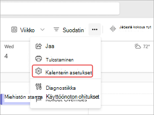 Näyttökuva, jossa korostetaan Teams-kalenterin kalenteriasetuksia.