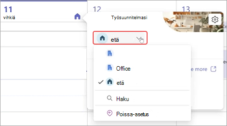 Näyttökuva työsuunnitelman avattavasta valikosta Teams-kalenterissa.