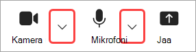 Kuvan korostaminen Kameran ja mikrofonin avattavan valikon nuolet Teams-kokouksen asetuksissa.