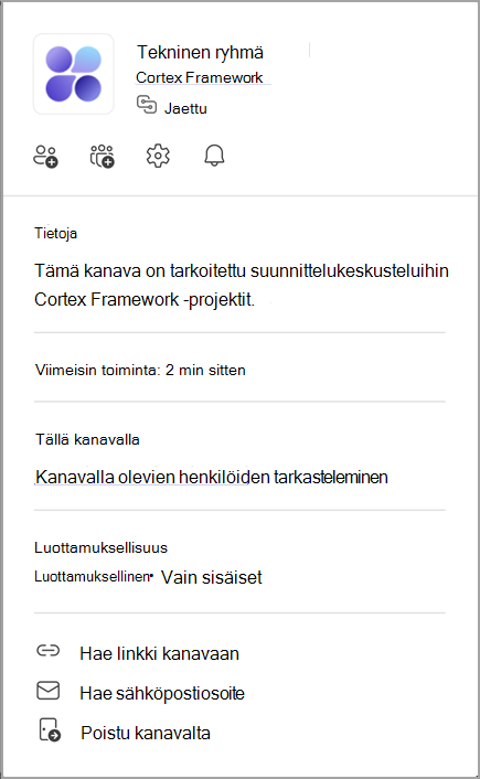 Näyttökuva kanavakortista. Voit tarkastella kanavakorttia osoittamalla kanavien nimeä.