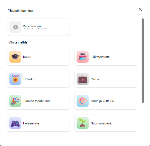 Näyttökuva painikkeista, joilla voit luoda yhteisön, jossa on tai ei ole mallia, Microsoft Teamsin yhteisöissä (ilmainen).