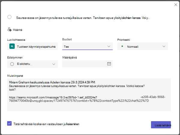 Näyttökuva, jossa näkyy tehtävän luominen suunnitelmassa ja tiedot, jotka voit määrittää.