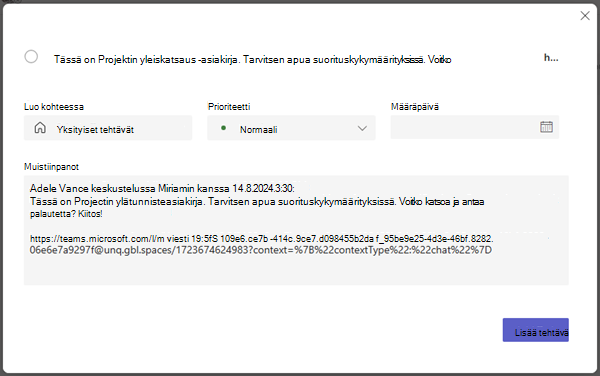 Näyttökuva, jossa näkyy tehtävän luominen yksityisissä tehtävissä ja tiedot, jotka voit määrittää.