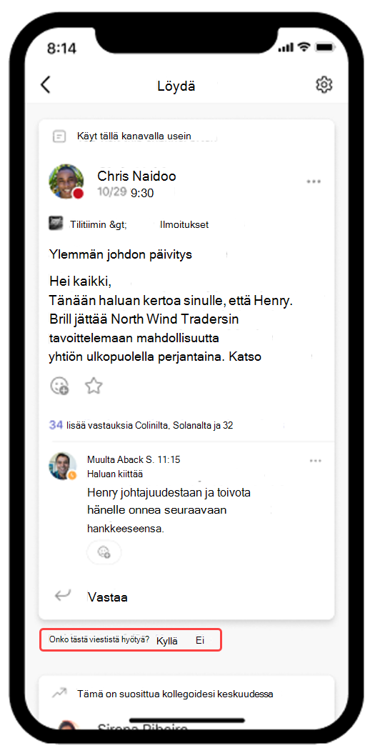 Näyttökuva Teamsin Etsi-syötteestä avattuna mobiililaitteessa