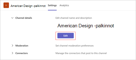 Näyttökuva American Design Awards -kanavan asetussivusta. Päivitä kanavan nimi ja kuvaus valitsemalla Muokkaa. Se sisältää myös osioita moderointia ja yhdistimiä varten.
