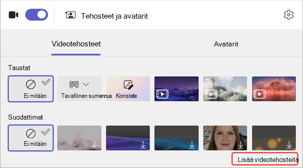 näyttökuva videosuodatinasetuksista