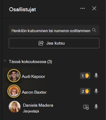 Kuva, jossa osallistujat näkyvät näytön vasemmalla puolella ja käden nostokuvakkeet.