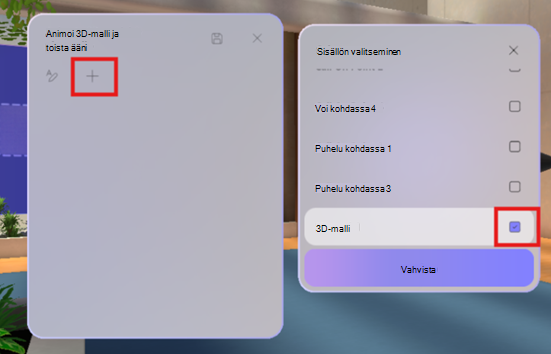 Näyttökuva, joka näyttää, miten voit määrittää objektin immersiivisessä tapahtumassa.