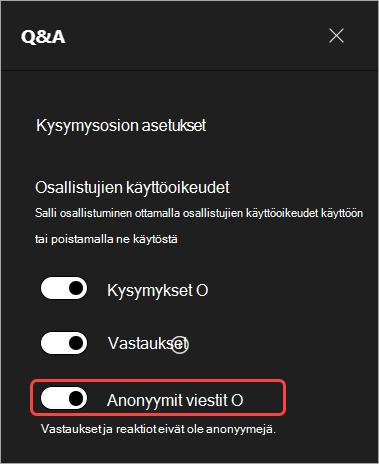 Näyttökuva, jossa käyttöliittymä näkyy korostettuna, jotta osallistujien nimet voi piilottaa Q&A:ssa