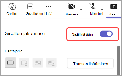 Ota Käyttöön Sisällytä ääni -vaihto ja jaa ääni jaettavasta ikkunasta.