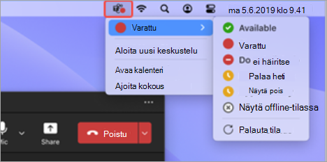 Näyttökuva, jossa näkyy Teams-sovelluksen kuvake Mac-valikkorivillä valittuna ja käytettävissä olevat pikatoiminnot.