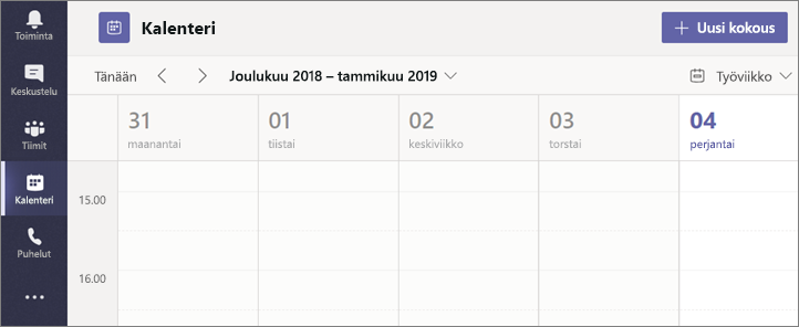 Valitse Kalenteri ja valitse sitten Uusi kokous.