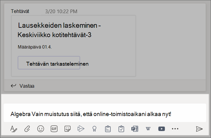 Viesti kirjoitettuna kirjoitusruutuun.