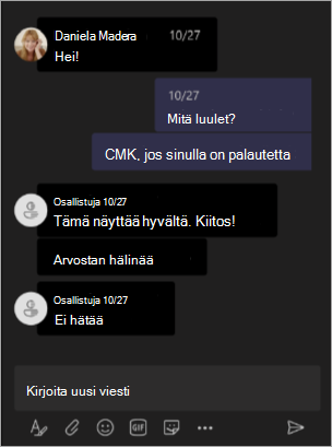 Näyttökuva järjestäjänäkymästä, kun nimet on piilotettu Teams-kokouksessa tai -verkkoseminaarissa.