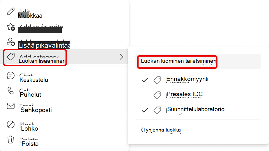 Näyttökuva Lisää yhteystieto luokkaan -valikosta
