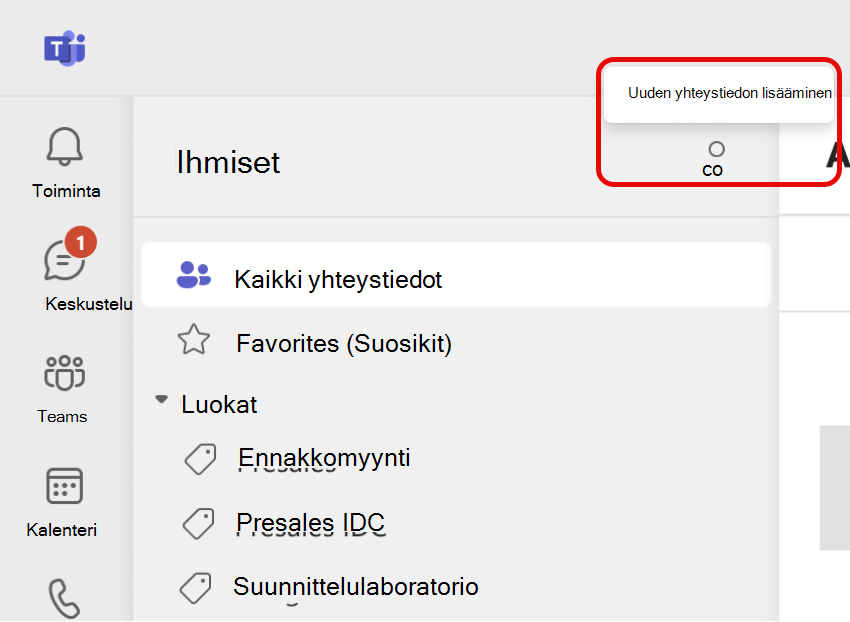 Näyttökuva Lisää uusi yhteystieto -kuvakkeesta Teams People -sovelluksessa