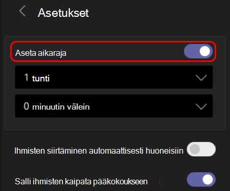 Kuva, jossa näytetään, miten pienryhmätilojen aikaraja määritetään.