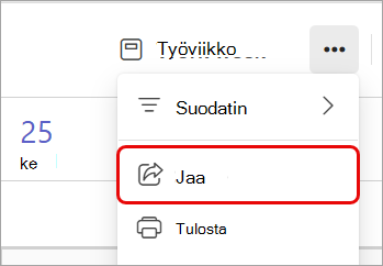 Näyttökuva, jossa näkyy korostettuna Jaa-vaihtoehto Teams-kalenterissa.