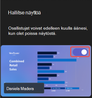 Näyttökuva, jossa näkyy korostettuna, miten voit jakaa näkyvää sisältöä Microsoft Teams -tapahtuman aikana.