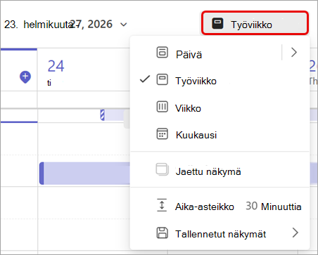 Näyttökuva, jossa näkyy korostettuna työviikkonäkymä Teamsin kalenterissa.