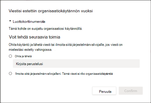 Organisaation tietojen menetyksen estokäytännön ohitusasetukset