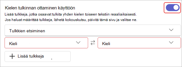 Näyttökuva, jossa näytetään kielitulkinta-asetukset kokousasetuksissa.