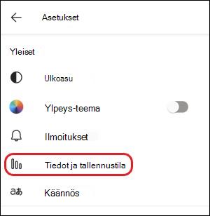 Teamsin mobiilidatan ja tallennustilan asetus