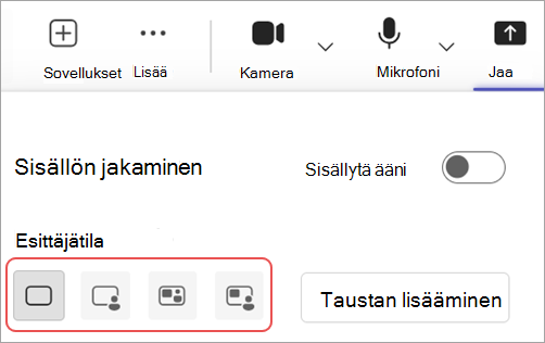 Näyttökuva, jossa näkyy korostettuna eri esittäjätilat Microsoft Teamsin kokousasetuksissa.