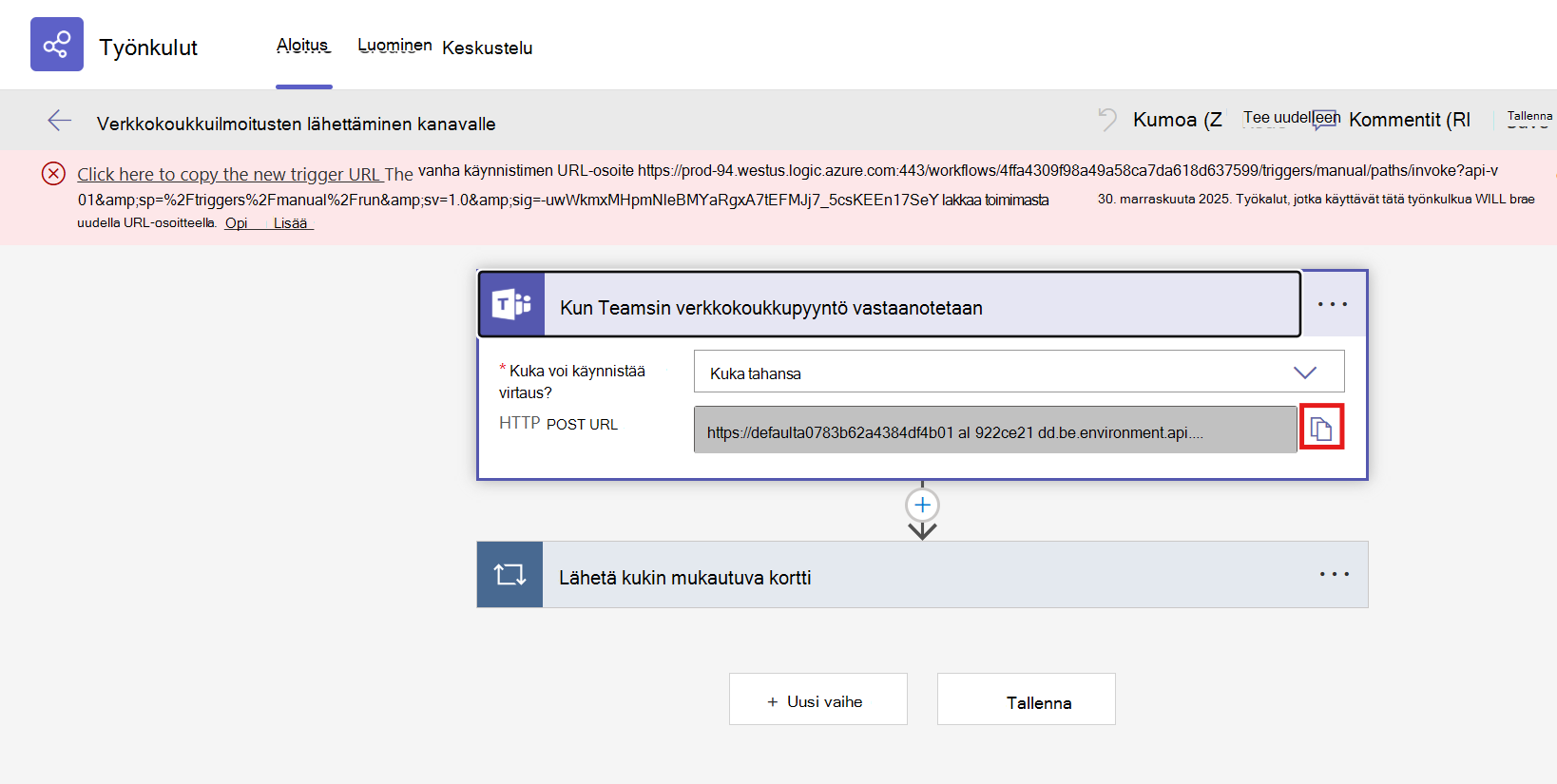 Webhook URL-osoitteen kopioiminen työnkulun tietosivulla