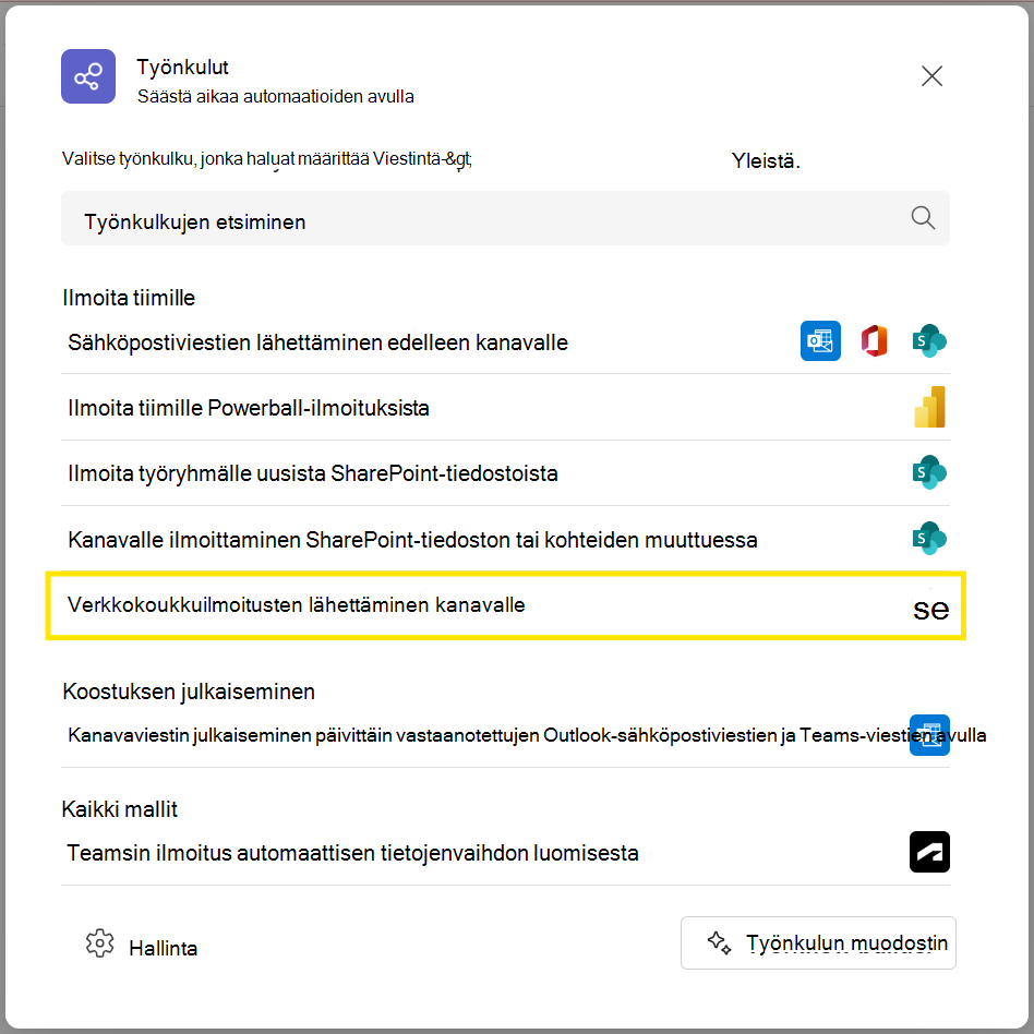 Kanavanäkymän Työnkulut-sovellus