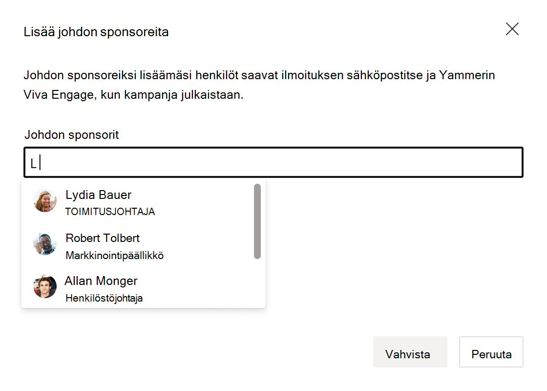 Näyttökuva johdon sponsoreiden syöttökentästä.