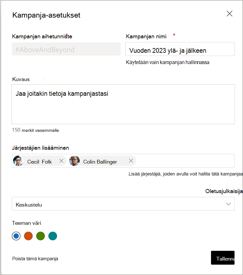 Engage-järjestelmänvalvojat ja yleiset järjestelmänvalvojat voivat määrittää yhteisjärjestäjiä.