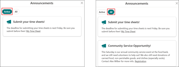 Screenshot showing all shown announcements on the active tab, and on the all tab.