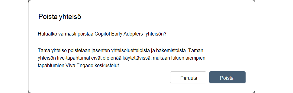 Näyttökuva valintaikkunasta, jossa poistetaan Engage-yhteisö asetuksissa.