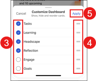Screenshot showing options for customizing your mobile dashboard.