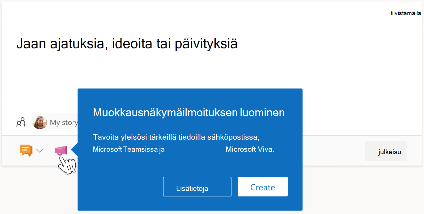 Kuva tietopalkista Viva Engage -tarinailmoituksen alapuolella