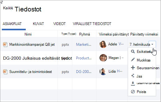 Viimeksi päivitetty -sarakkeen avattava valikko näyttää mahdolliset toiminnot