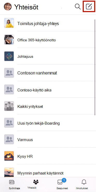 Näyttökuva, jossa muodostetaan keskustelua Yammer-yhteisössä mobiilisovelluksella