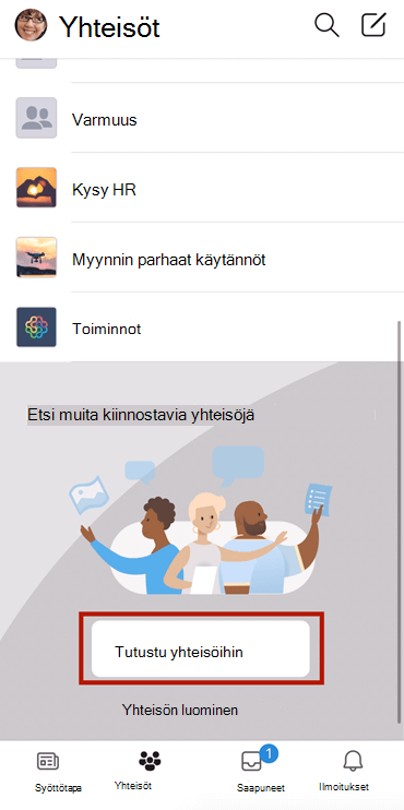 Näyttökuva Yammer-yhteisöjen etsimisestä mobiililaitteessa valinnan avulla