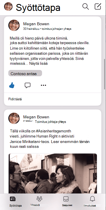 Näyttökuva syötteestä Yammer iOS -sovelluksessa